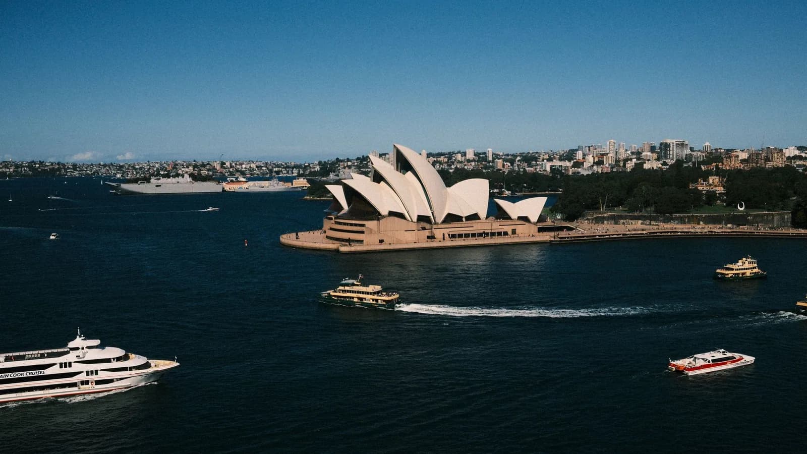 An aerial view of the Sydney Opera House and harbour.