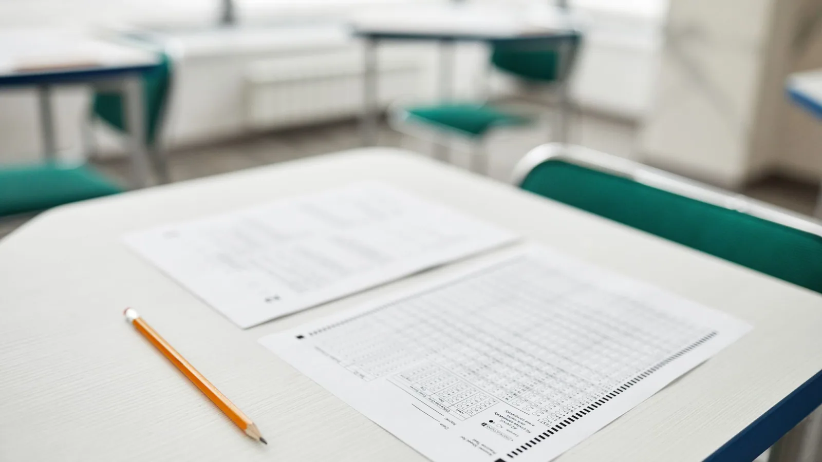 An exam paper and a pencil laid out on a classroom desk before a test.